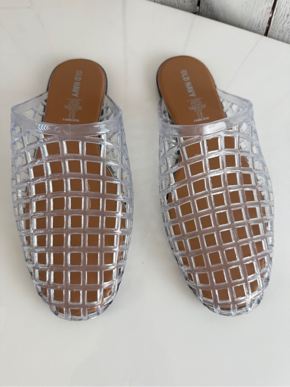 Old Navy Clear Grid Slip-On Mules with Tan Insole